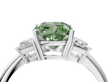 White gold Fancy Green Cushion  Diamond Three-Stone Ring with Trapezoid Side Stones and Prong Setting_38