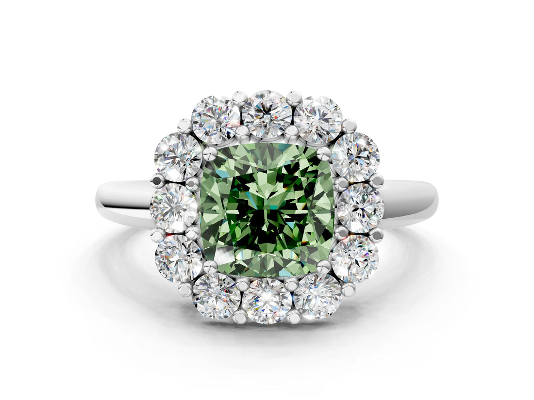 White gold Fancy Green Cushion  Halo Cluster Diamond Engagement Ring with Prong Setting and Polished Band_51