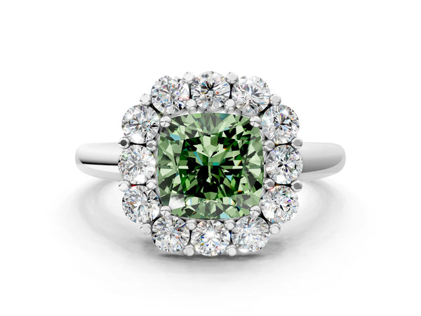 White gold Fancy Green Cushion  Halo Cluster Diamond Engagement Ring with Prong Setting and Polished Band