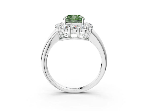 White gold Fancy Green Cushion  Halo Cluster Diamond Engagement Ring with Prong Setting and Polished Band