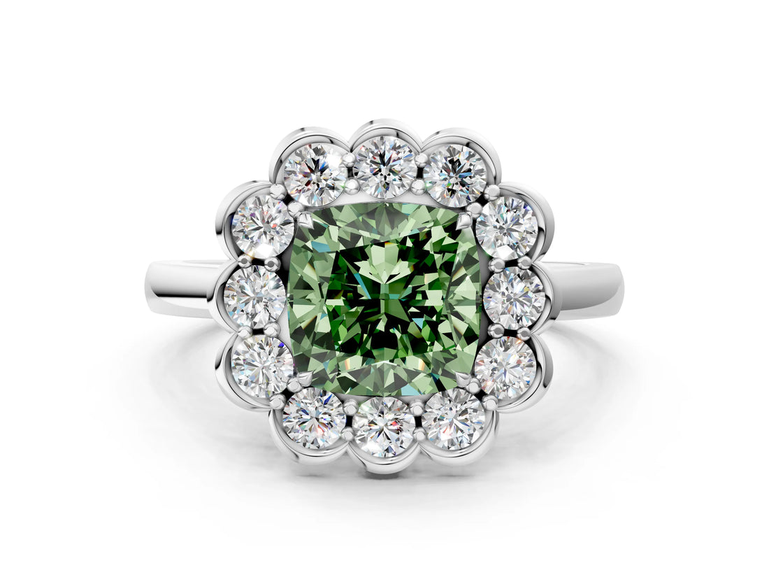 White gold Fancy Green Cushion  Halo Cluster Diamond Engagement Ring with Solitaire Band and Prong Setting_49