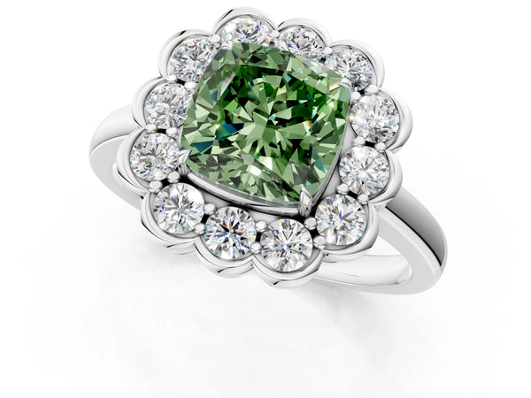 White gold Fancy Green Cushion  Halo Cluster Diamond Engagement Ring with Solitaire Band and Prong Setting