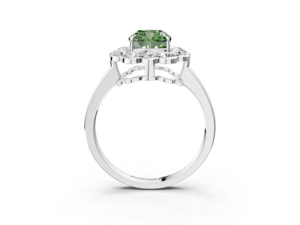 White gold Fancy Green Cushion  Halo Cluster Diamond Engagement Ring with Solitaire Band and Prong Setting