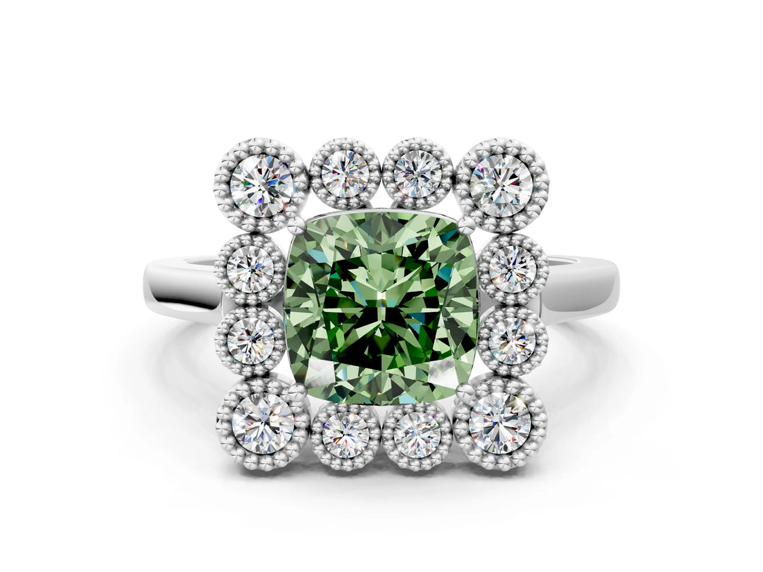 White gold Fancy Green Cushion  Halo Diamond Cluster Engagement Ring with Milgrain Bezel Setting and Solitaire Band_87
