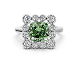 White gold Fancy Green Cushion  Halo Diamond Cluster Engagement Ring with Milgrain Bezel Setting and Solitaire Band_87