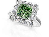 White gold Fancy Green Cushion  Halo Diamond Cluster Engagement Ring with Milgrain Bezel Setting and Solitaire Band_88