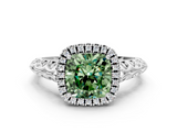 White gold Fancy Green Cushion  Halo Diamond Engagement Ring with Intricate Filigree Band and Four-Prong Setting_37
