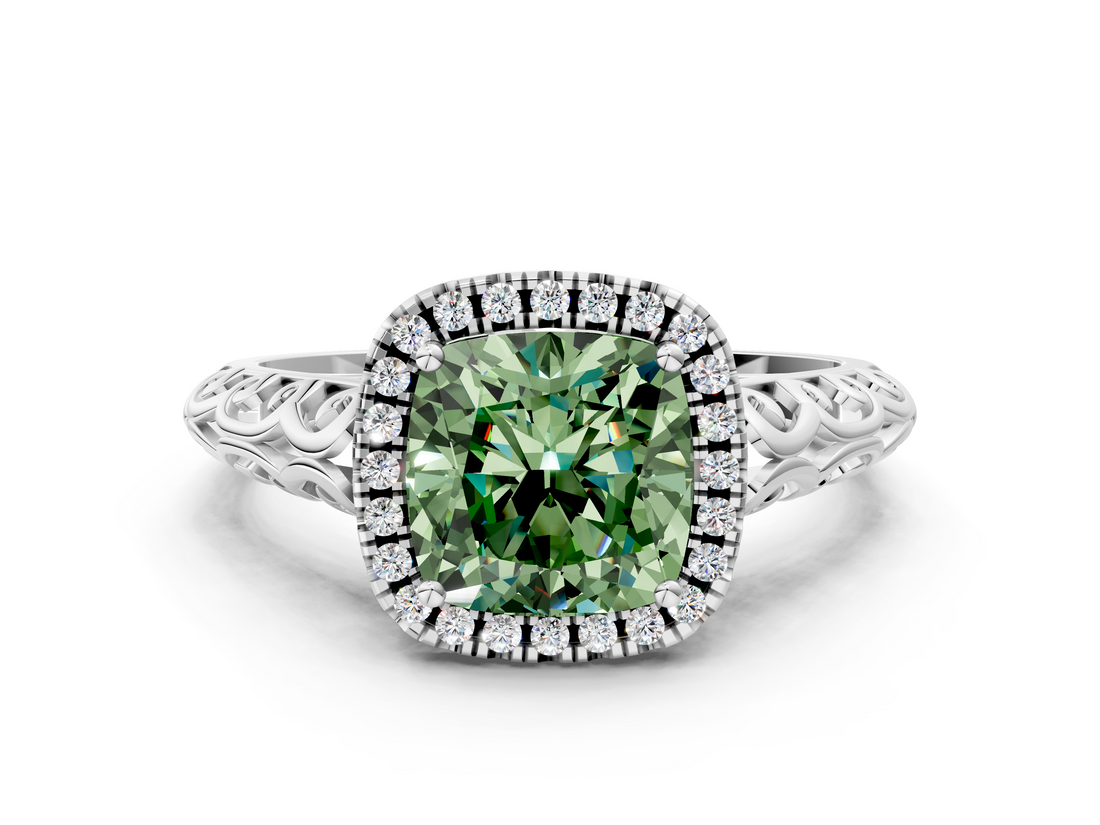 White gold Fancy Green Cushion  Halo Diamond Engagement Ring with Intricate Filigree Band and Four-Prong Setting_37
