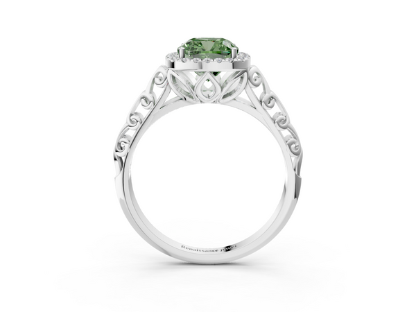 Platinum Fancy Green Cushion  Halo Diamond Engagement Ring with Intricate Filigree Band and Four-Prong Setting