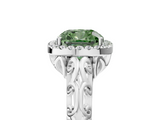White gold Fancy Green Cushion  Halo Diamond Engagement Ring with Intricate Filigree Band and Four-Prong Setting_42