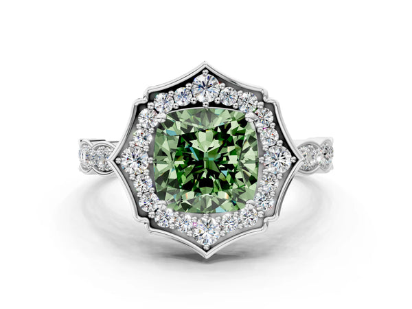 White gold Fancy Green Cushion  Halo Diamond Engagement Ring with Milgrain Band and Four-Prong Setting