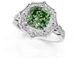 White gold Fancy Green Cushion  Halo Diamond Engagement Ring with Milgrain Band and Four-Prong Setting_67