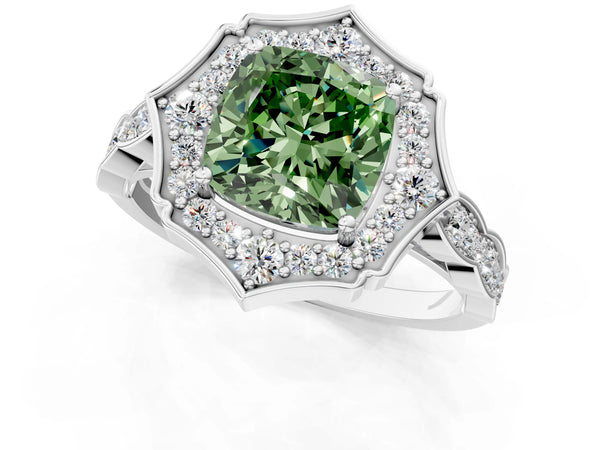 White gold Fancy Green Cushion  Halo Diamond Engagement Ring with Milgrain Band and Four-Prong Setting