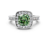 White gold Fancy Green Cushion  Halo Diamond Engagement Ring with Milgrain Pave Band and Four-Prong Setting_135