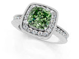 White gold Fancy Green Cushion  Halo Diamond Engagement Ring with Milgrain Pave Band and Four-Prong Setting_136
