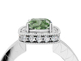 White gold Fancy Green Cushion  Halo Diamond Engagement Ring with Milgrain Pave Band and Four-Prong Setting_139