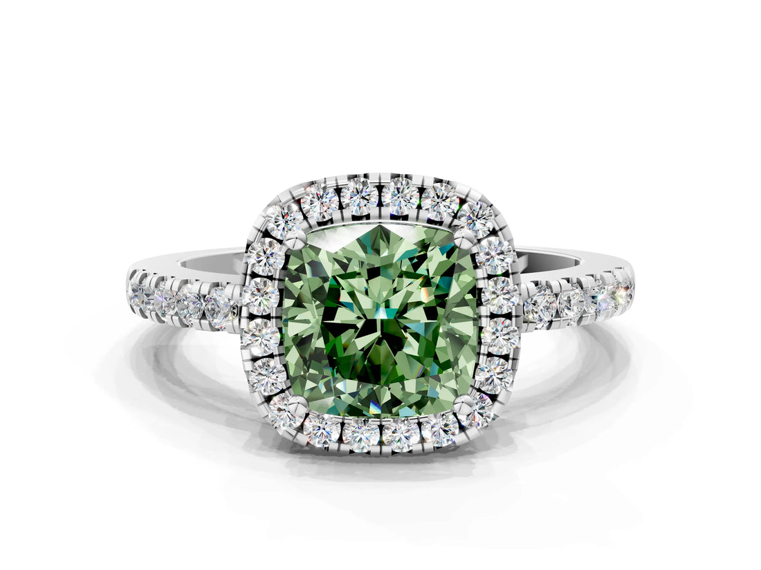 White gold Fancy Green Cushion  Halo Diamond Engagement Ring with Pavé Band and Four-Prong Setting_45