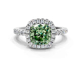 White gold Fancy Green Cushion  Halo Diamond Engagement Ring with Pavé Band and Four-Prong Setting_45