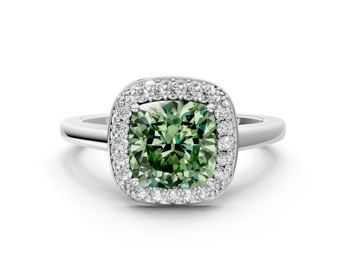 White gold Fancy Green Cushion  Halo Diamond Engagement Ring with Solitaire Band and Four-Prong Setting_20