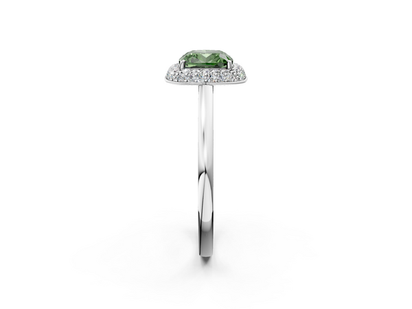 Platinum Fancy Green Cushion  Halo Diamond Engagement Ring with Solitaire Band and Four-Prong Setting