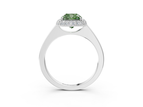 Platinum Fancy Green Cushion  Halo Diamond Engagement Ring with Solitaire Band and Four-Prong Setting