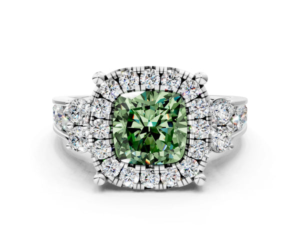 Platinum Fancy Green Cushion  Halo Diamond Engagement Ring with Split Shank and Four-Prong Setting