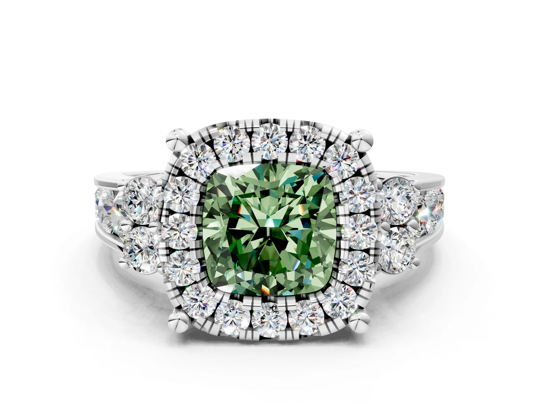 White gold Fancy Green Cushion  Halo Diamond Engagement Ring with Split Shank and Four-Prong Setting_72