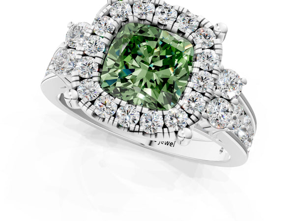 Platinum Fancy Green Cushion  Halo Diamond Engagement Ring with Split Shank and Four-Prong Setting