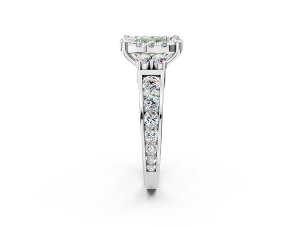 Platinum Fancy Green Cushion  Halo Diamond Engagement Ring with Split Shank and Four-Prong Setting