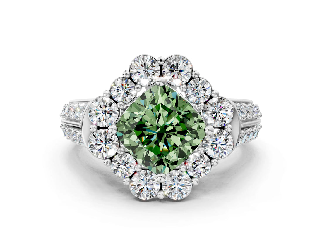 White gold Fancy Green Cushion  Halo Diamond Engagement Ring with Split Shank and Prong Setting_64