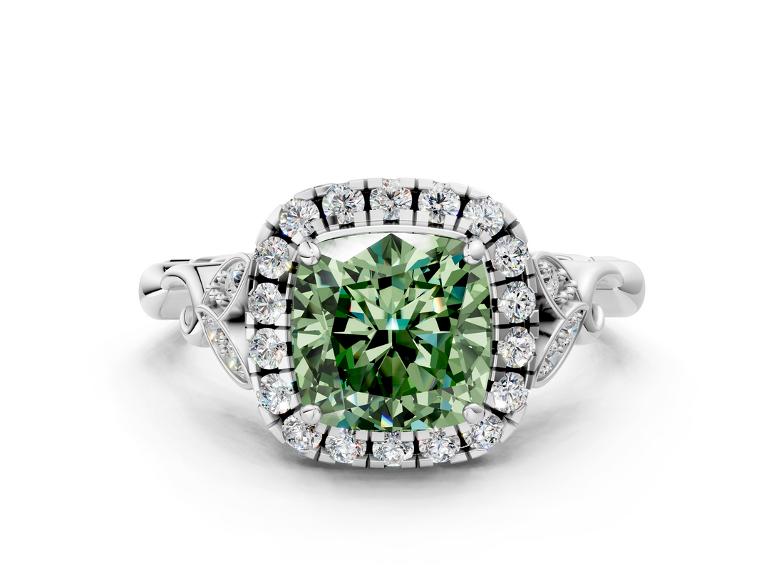 White gold Fancy Green Cushion  Halo Diamond Engagement Ring with Vintage-Inspired Band and Four-Prong Setting_3