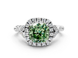 White gold Fancy Green Cushion  Halo Diamond Engagement Ring with Vintage-Inspired Band and Four-Prong Setting_3