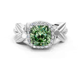 White gold Fancy Green Cushion  Halo Diamond Floral Band with Four-Prong Setting_55