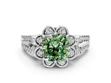 White gold Fancy Green Cushion  Halo Diamond Floral Split Shank Engagement Ring 1