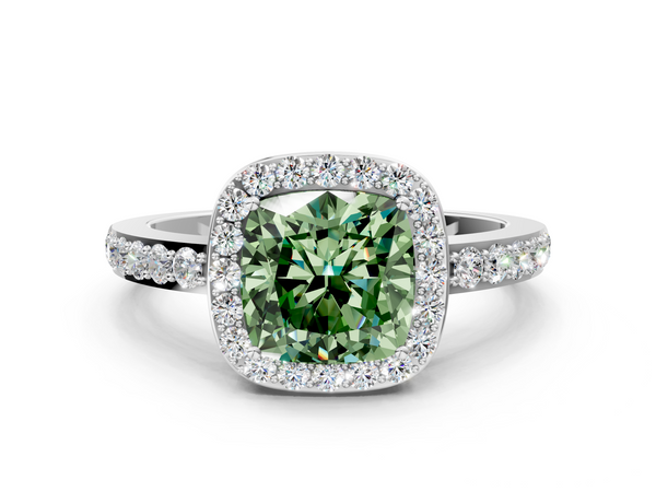 White gold Fancy Green Cushion  Halo Diamond Pavé Band Ring with Prong Setting