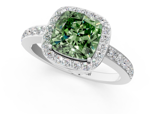 White gold Fancy Green Cushion  Halo Diamond Pavé Band Ring with Prong Setting