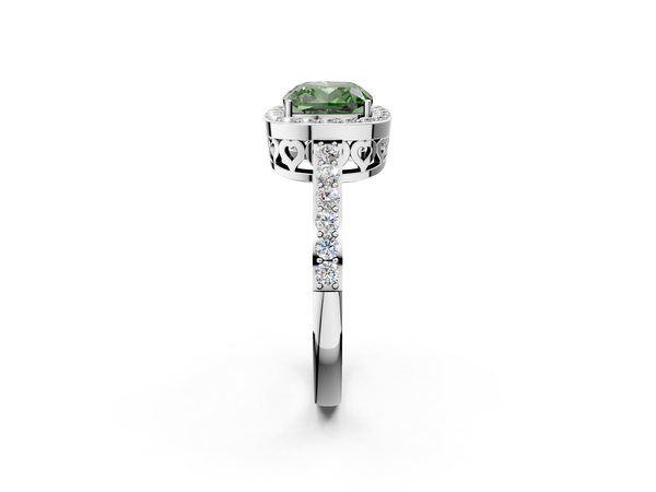 White gold Fancy Green Cushion  Halo Diamond Pavé Band Ring with Prong Setting