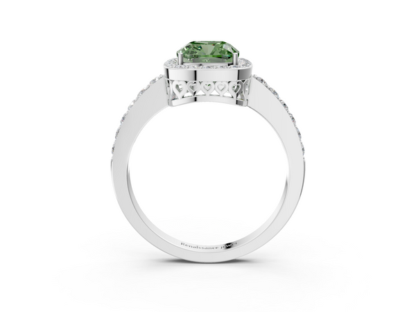 White gold Fancy Green Cushion  Halo Diamond Pavé Band Ring with Prong Setting