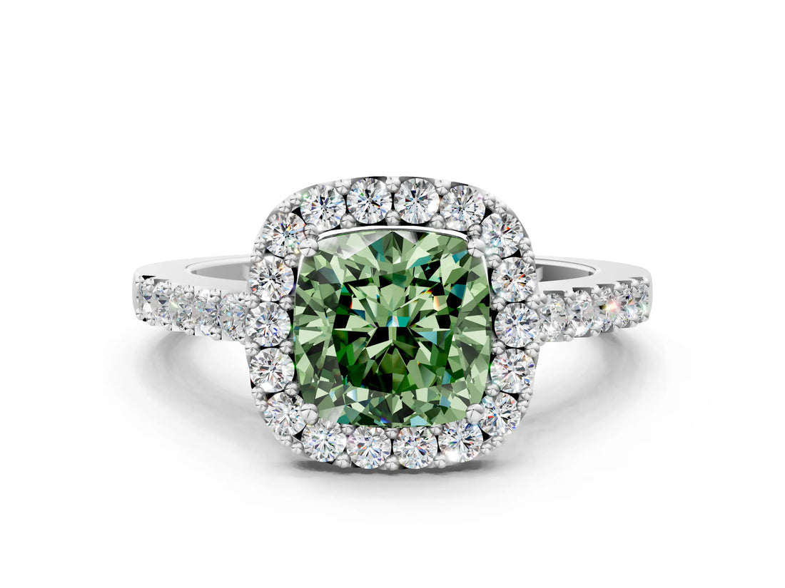 White gold Fancy Green Cushion  Halo Diamond Pavé Solitaire Ring_45