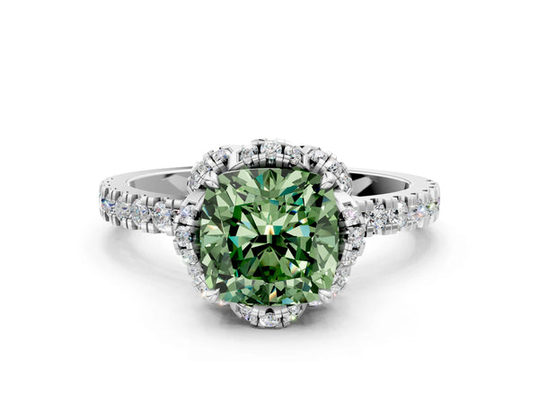 Platinum Fancy Green Cushion  Halo Diamond Pave Band Ring with Four-Prong Setting