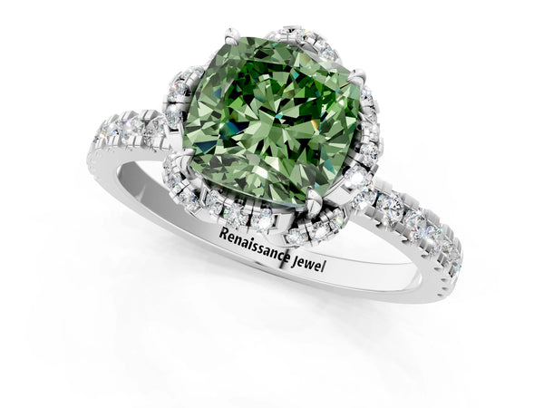 Platinum Fancy Green Cushion  Halo Diamond Pave Band Ring with Four-Prong Setting