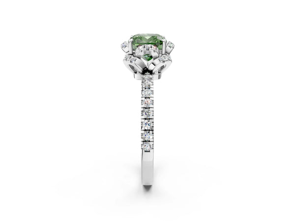 Platinum Fancy Green Cushion  Halo Diamond Pave Band Ring with Four-Prong Setting