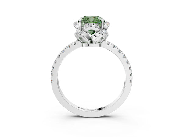 Platinum Fancy Green Cushion  Halo Diamond Pave Band Ring with Four-Prong Setting