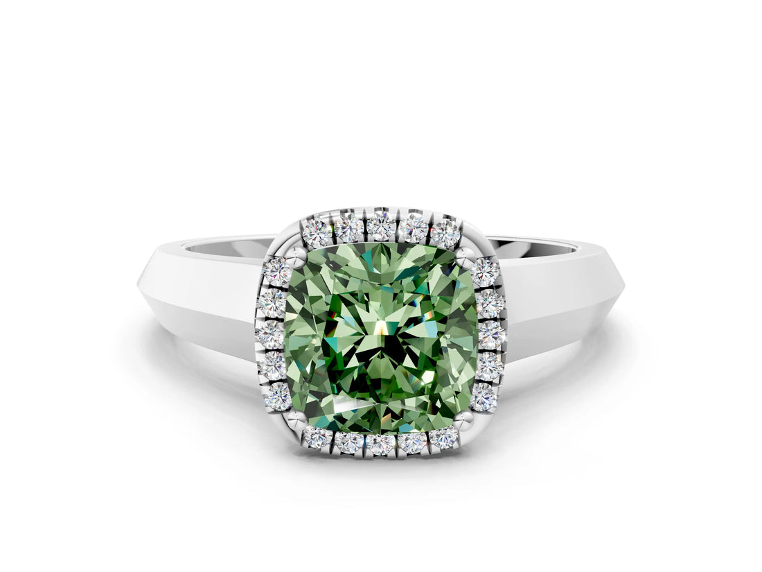 White gold Fancy Green Cushion  Halo Diamond Ring with Cathedral Band and Four-Prong Setting_49