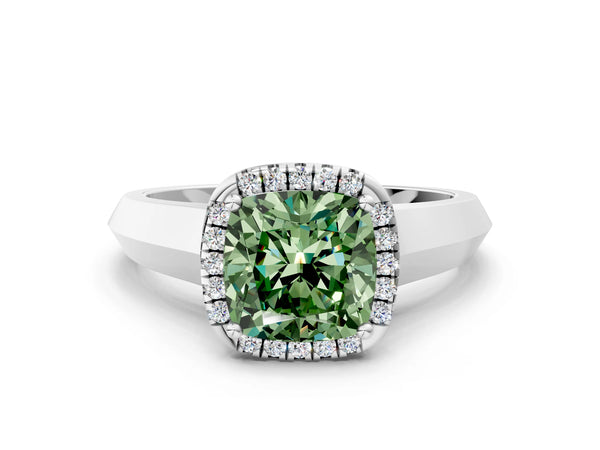 White gold Fancy Green Cushion  Halo Diamond Ring with Cathedral Band and Four-Prong Setting