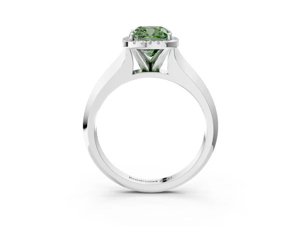 White gold Fancy Green Cushion  Halo Diamond Ring with Cathedral Band and Four-Prong Setting