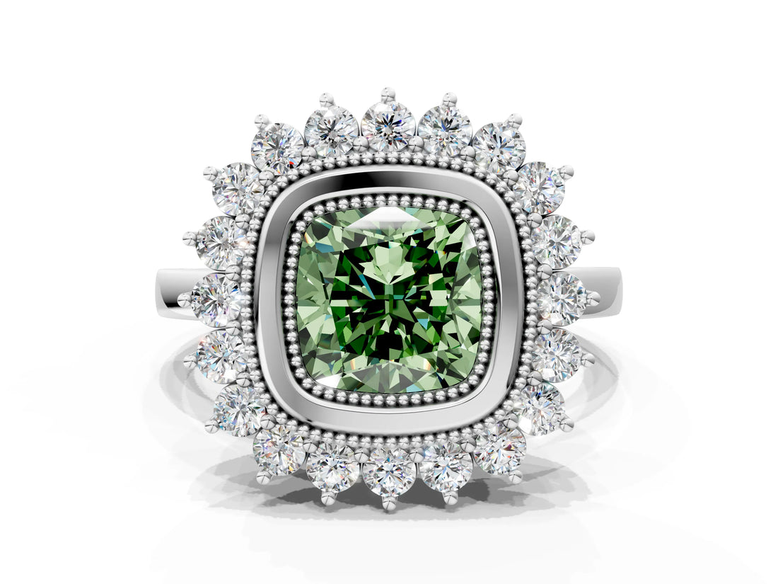 White gold Fancy Green Cushion  Halo Diamond Ring with Milgrain Edge and Round Prong Setting_37