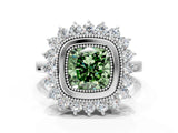 White gold Fancy Green Cushion  Halo Diamond Ring with Milgrain Edge and Round Prong Setting_38