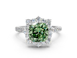 White gold Fancy Green Cushion  Halo Diamond Ring with Pavé Band and Prong Setting_37