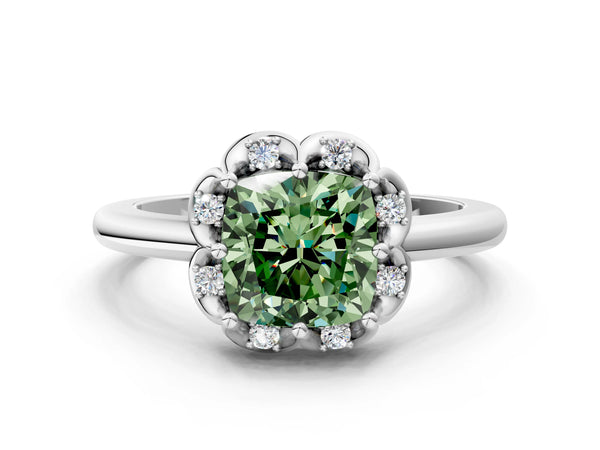 Platinum Fancy Green Cushion  Halo Diamond Ring with Round Cluster Setting, Solitaire Band, and Four-Prong Setting